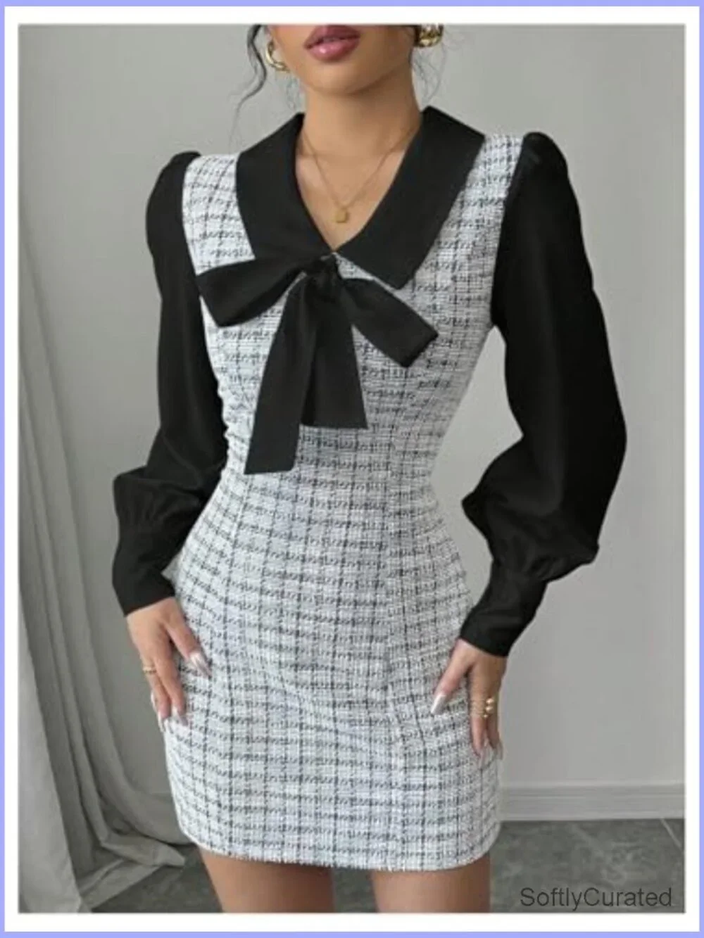 Elegant Plaid Tweed Dress Bow Front Lantern Long Sleeve 2 in 1 Mini - Picture 3 of 6